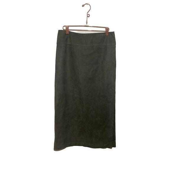 LINDA ALLARD ELLEN TRACY Vintage‎ Leather Skirt Long Pencil High Slit Sz 6 Green - Picture 1 of 6